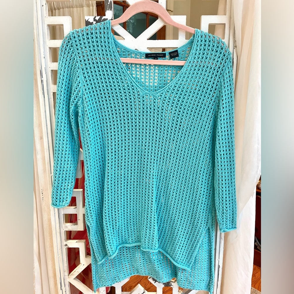 JEANNE PIERRE Turquoise Knit V-Neck Swim Coverup, 100% cotton